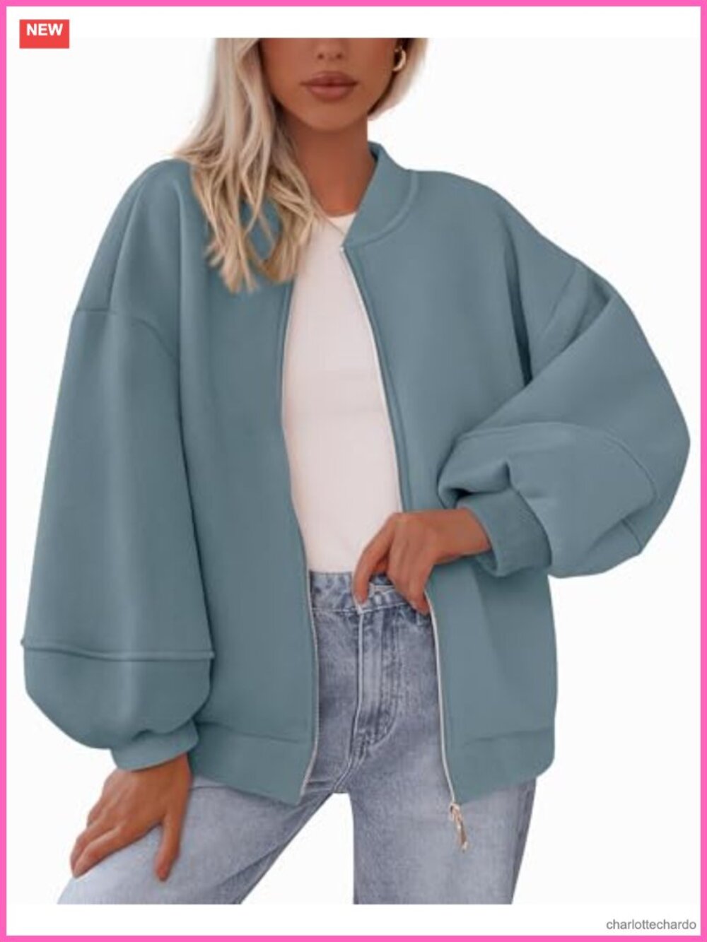 Oversized Zip Up Bomber Jacket Women Fleece Lined Sweatshirt with Pockets